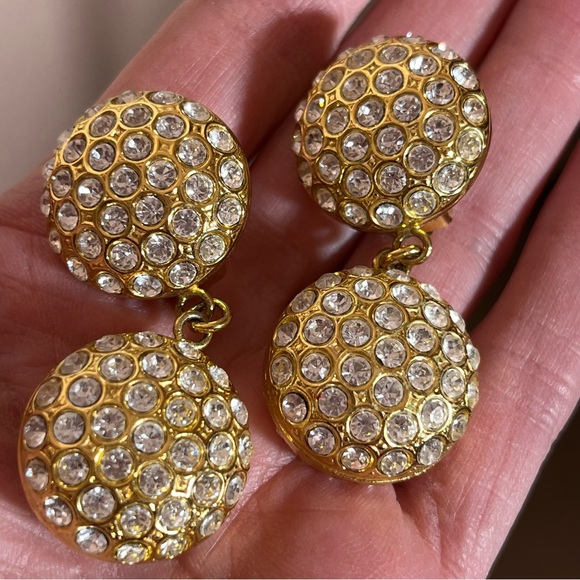 Vintage 80 90 Retro Gold Maximalism Rhinestone Oversized Clip Earrings - Picture 3 of 15